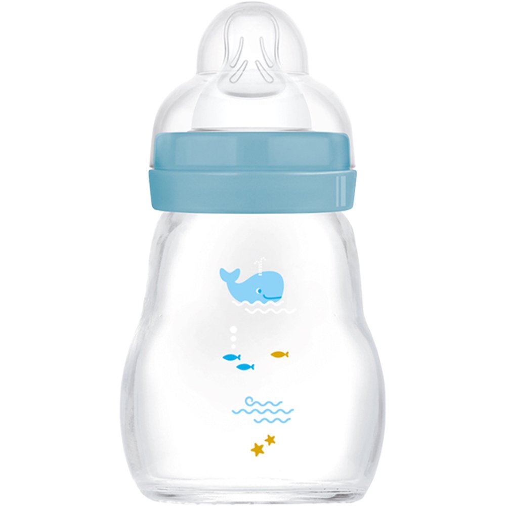 Mam Feel Good Premium Glass Baby Bottle 0m+, Κωδ 370SBc Γυάλινο Μπιμπερό με Θηλή Σιλικόνης με Μικρή Ροή 170ml - Μπλε