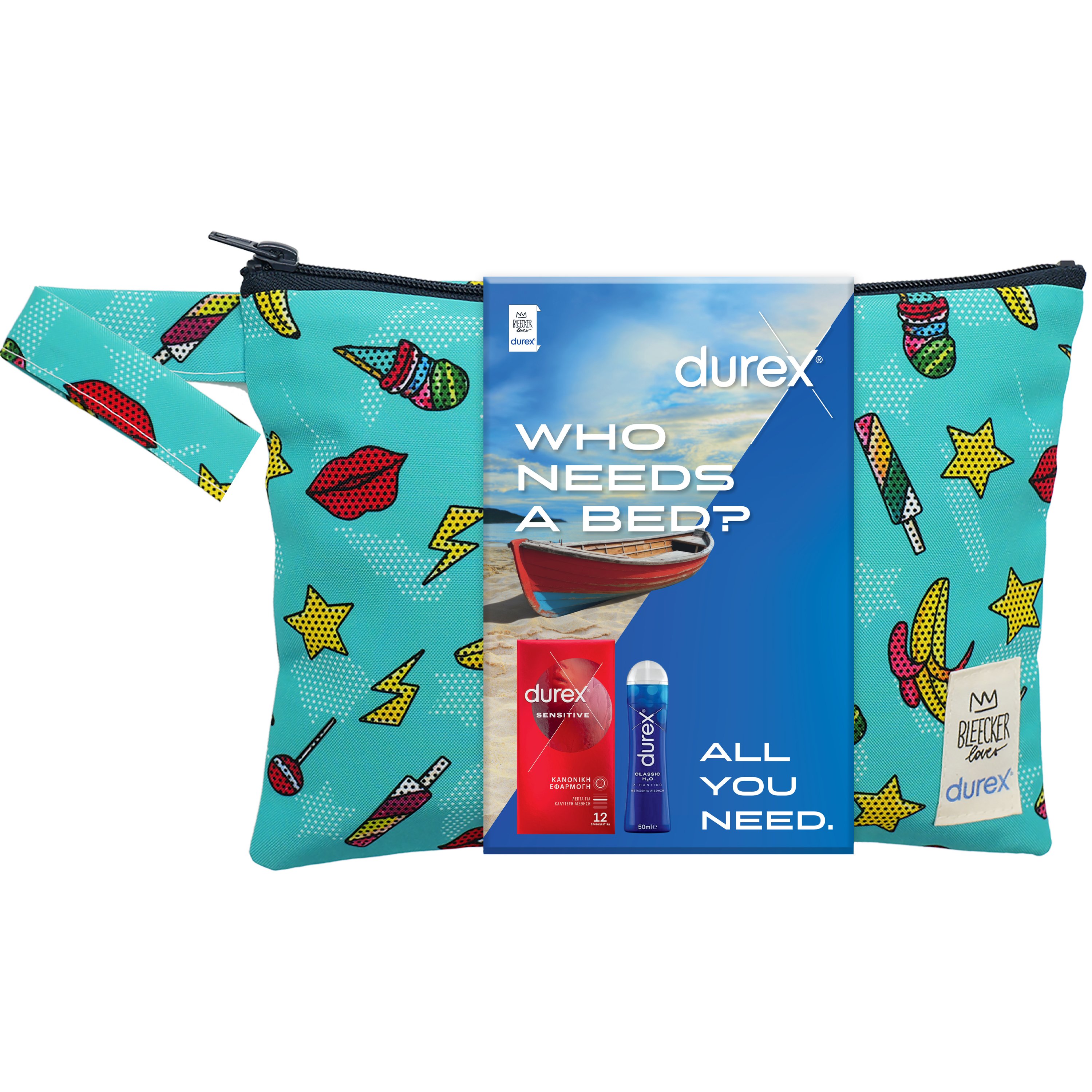 Durex Durex Promo Sensitive Condoms 12 Τεμάχια & Classic H2O Lube 50ml & Δώρο Νεσεσέρ 1 Τεμάχιο - Turquoise