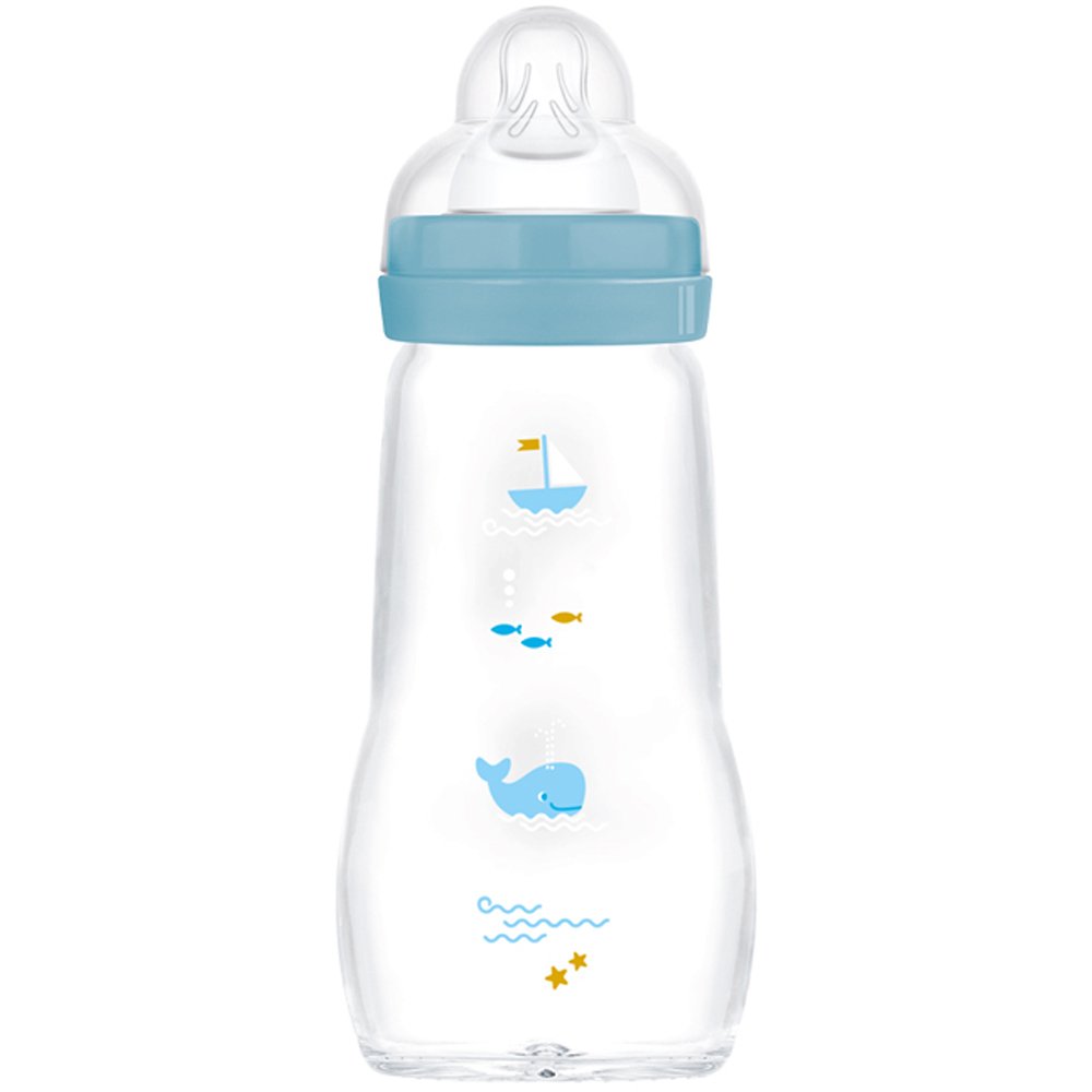 Mam Feel Good Premium Glass Blue Bottle 2m+, Κωδ 375SBc Μπιμπερό από Πυρίμαχο Γυαλί Υψηλής Ποιότητας με Μαλακή Θηλή Σιλικόνης Μεσαίας Ροής 260ml