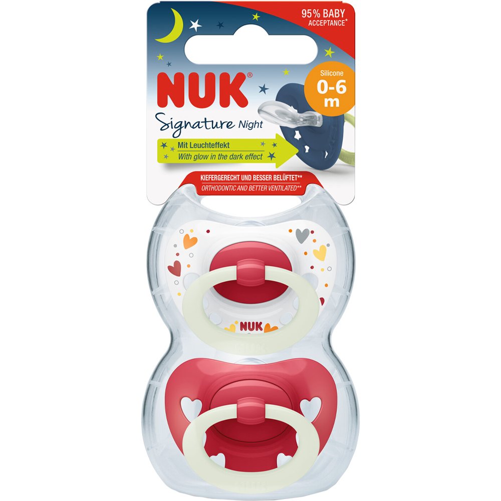 Nuk Signature Night Silicone Soother 0-6m Ορθοδοντική Πιπίλα Σιλικόνης με Κρίκο που Λάμπει στο Σκοτάδι 2 Τεμάχια - Κόκκινο