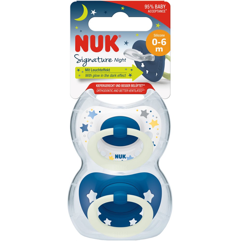 Nuk Nuk Signature Night Silicone Soother 0-6m Ορθοδοντική Πιπίλα Σιλικόνης με Κρίκο που Λάμπει στο Σκοτάδι 2 Τεμάχια - Μπλε