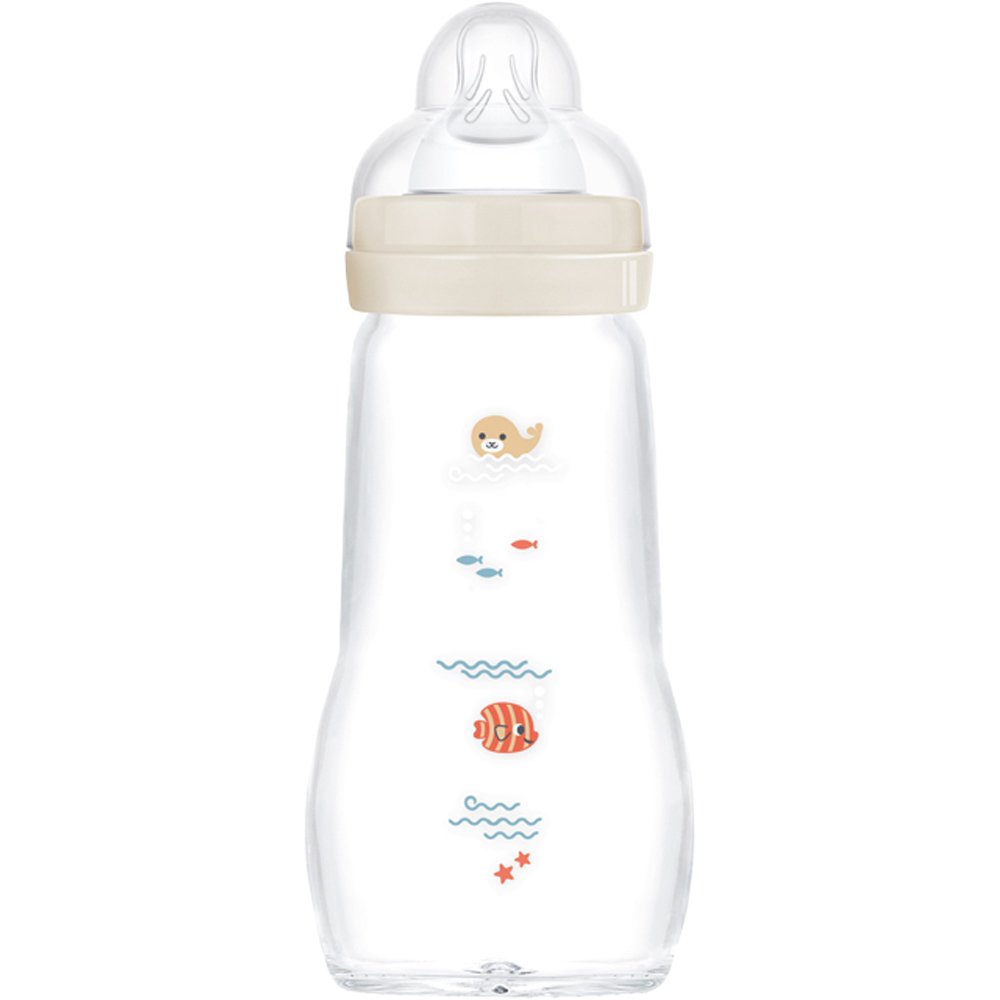Mam Feel Good Premium Glass Bottle 2m+, Κωδ 375SU Γυάλινο Μπιμπερό με Θηλή Σιλικόνης Μεσαίας Ροής 260ml - Κρεμ