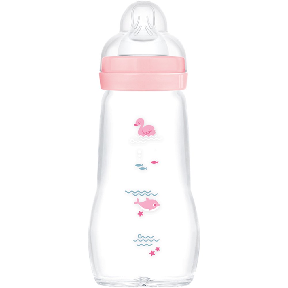 Mam Mam Feel Good Premium Glass Bottle 2m+, Κωδ 375SG Γυάλινο Μπιμπερό με Θηλή Σιλικόνης Μεσαίας Ροής 260ml - Ροζ