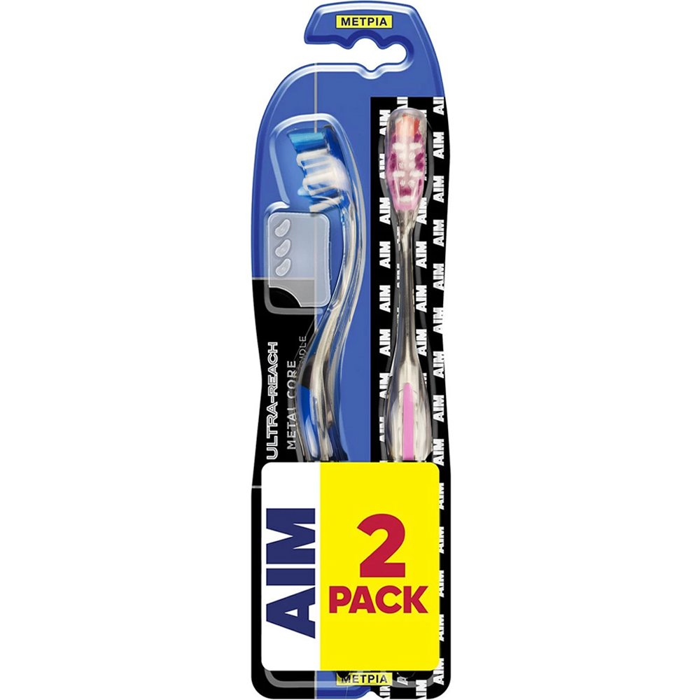 AIM Promo Ultra Reach Metal Core Medium Toothbrush Οδοντόβουρτσα με Συμπαγή Κεφαλή, Μακρύ Λαιμό & Μέτριας Σκληρότητας Ίνες για τα Βαθύ Καθαρισμό & στα Δύσκολα Σημεία 2 Τεμάχια - Μπλε / Ροζ