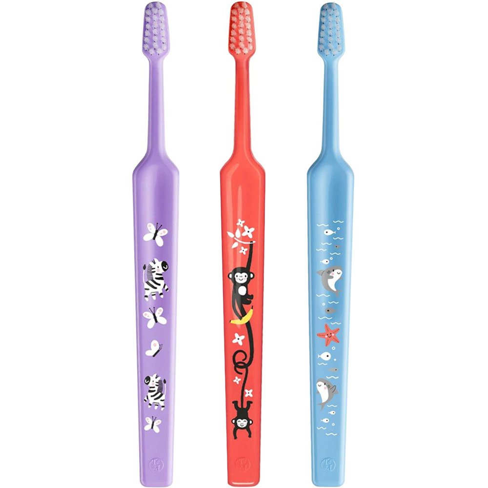 TePe Mini Extra Soft 0-6 Years Toothbrush Παιδική Οδοντόβουρτσα με Κωνική Κεφαλή & Πολύ Μαλακές Αποστρογγυλεμένες Ίνες, 3 Τεμάχια - Λιλά / Κοραλί / Γαλάζιο