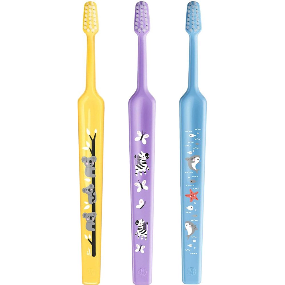 TePe Mini Extra Soft 0-6 Years Toothbrush Παιδική Οδοντόβουρτσα με Κωνική Κεφαλή & Πολύ Μαλακές Αποστρογγυλεμένες Ίνες 3 Τεμάχια - Κίτρινο / Λιλά / Γαλάζιο