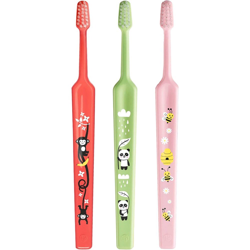 TePe Mini Extra Soft 0-6 Years Toothbrush Παιδική Οδοντόβουρτσα με Κωνική Κεφαλή & Πολύ Μαλακές Αποστρογγυλεμένες Ίνες, 3 Τεμάχια - Κοραλί / Λαχανί / Ροζ
