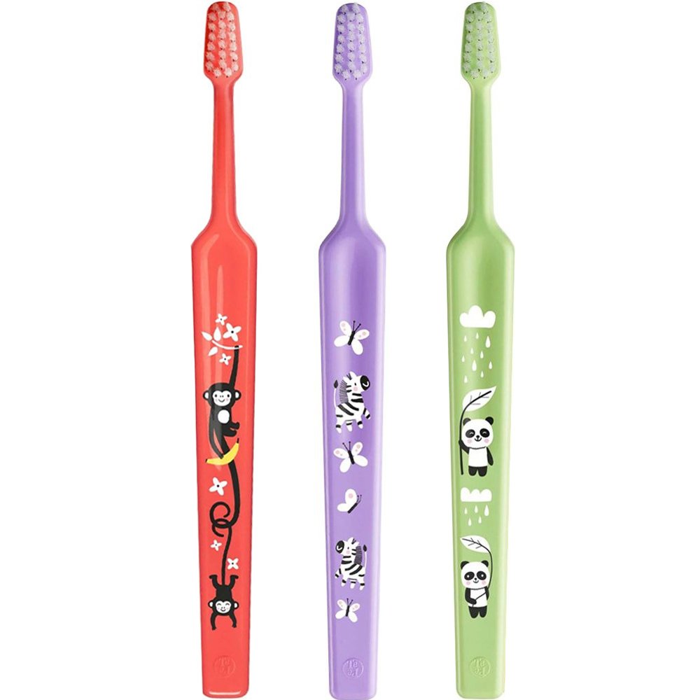 TePe Mini Extra Soft 0-6 Years Toothbrush Παιδική Οδοντόβουρτσα με Κωνική Κεφαλή & Πολύ Μαλακές Αποστρογγυλεμένες Ίνες 3 Τεμάχια - Κοραλί / Λιλά / Λαχανί