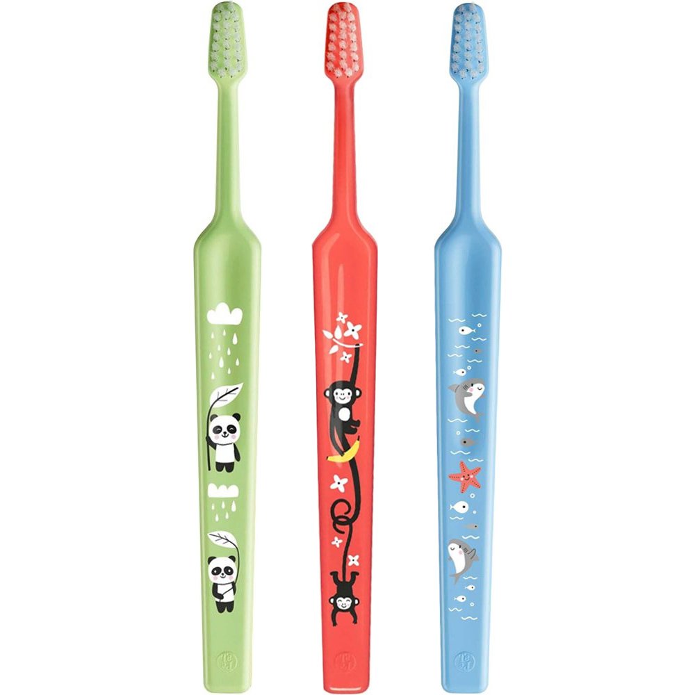 TePe Mini Extra Soft 0-6 Years Toothbrush Παιδική Οδοντόβουρτσα με Κωνική Κεφαλή & Πολύ Μαλακές Αποστρογγυλεμένες Ίνες 3 Τεμάχια - Πράσινο / Κοραλί / Γαλάζιο