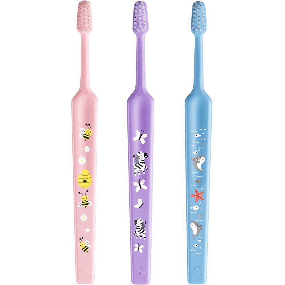 TePe Mini Extra Soft 0-6 Years Toothbrush Παιδική Οδοντόβουρτσα με Κωνική Κεφαλή & Πολύ Μαλακές Αποστρογγυλεμένες Ίνες 3 Τεμάχια - Ροζ / Λιλά / Γαλάζιο