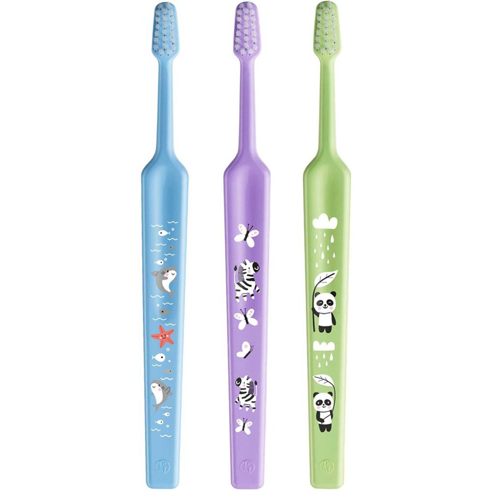 TePe Mini Extra Soft 0-6 Years Toothbrush Παιδική Οδοντόβουρτσα με Κωνική Κεφαλή & Πολύ Μαλακές Αποστρογγυλεμένες Ίνες 3 Τεμάχια - Γαλάζιο / Λιλά / Πράσινο