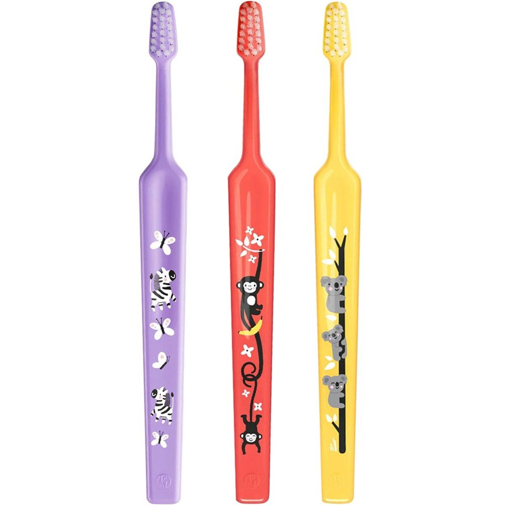 TePe Mini Extra Soft 0-6 Years Toothbrush Παιδική Οδοντόβουρτσα με Κωνική Κεφαλή & Πολύ Μαλακές Αποστρογγυλεμένες Ίνες 3 Τεμάχια - Λιλά / Κοραλί / Κίτρινο
