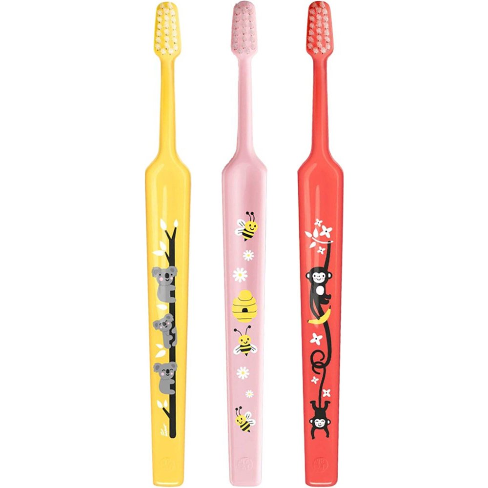 TePe Mini Extra Soft 0-6 Years Toothbrush Παιδική Οδοντόβουρτσα με Κωνική Κεφαλή & Πολύ Μαλακές Αποστρογγυλεμένες Ίνες 3 Τεμάχια - Κίτρινο / Ροζ / Κοραλί