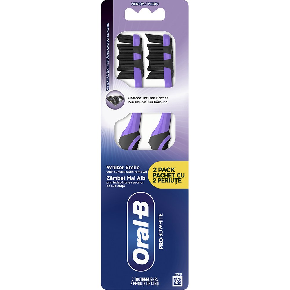 Oral-B Oral-B Promo Pro 3D White Charcoal Medium Toothbrush Χειροκίνητη Οδοντόβουρτσα με Μεσαίας Σκληρότητας Ίνες για Βαθύ Καθαρισμό & Λεύκανση με Ίνες από Ενεργό Άνθρακα 2 Τεμάχια - Μωβ