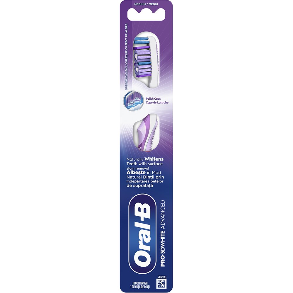 Oral-B Oral-B Pro 3D White Advanced Medium Toothbrush Χειροκίνητη Οδοντόβουρτσα με Μεσαίας Σκληρότητας Ίνες για Φυσική Λεύκανση & Βαθύ Καθαρισμό 1 Τεμάχιο - Μωβ