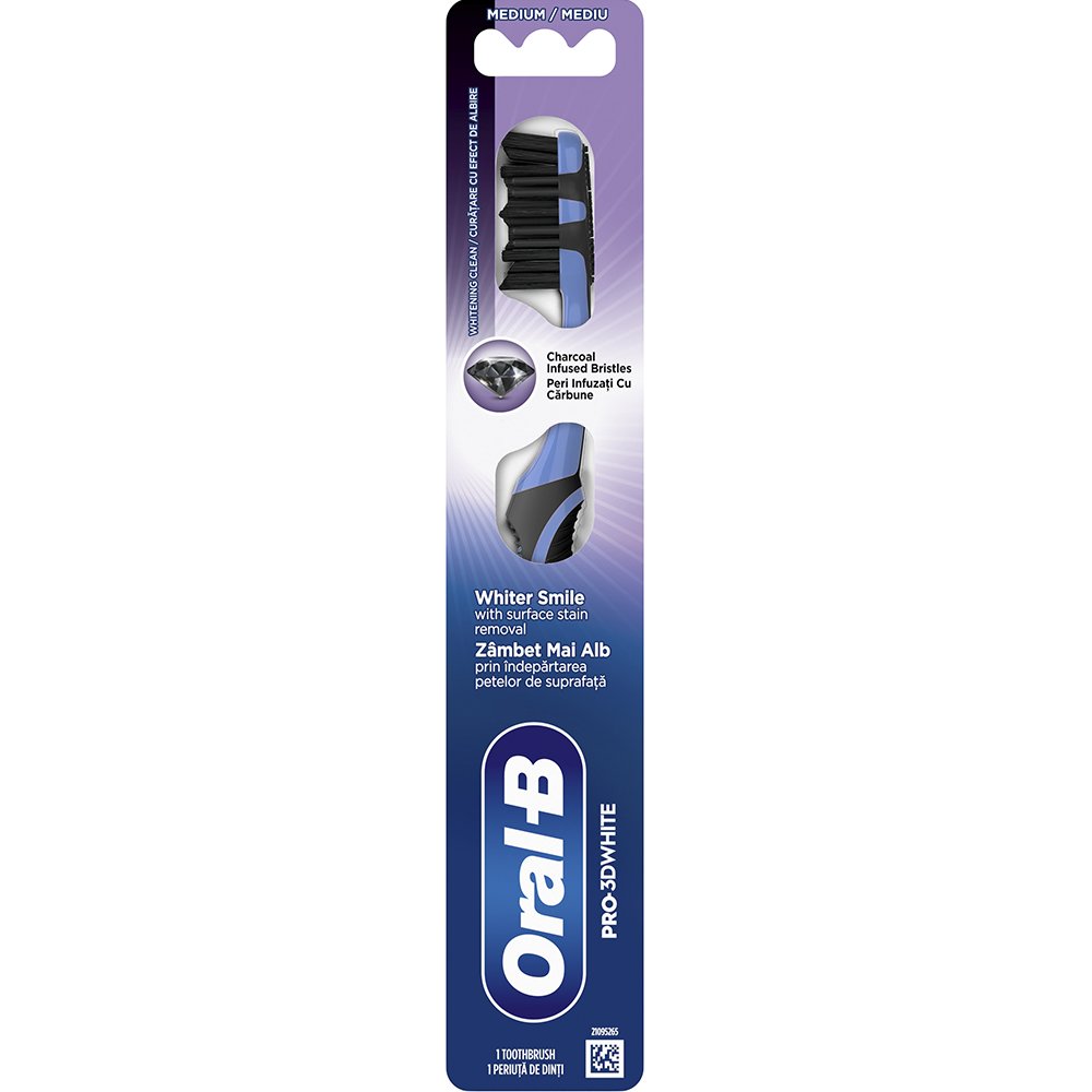 Oral-B Pro 3D White Charcoal Medium Toothbrush Χειροκίνητη Οδοντόβουρτσα με Μεσαίας Σκληρότητας Ίνες για Βαθύ Καθαρισμό & Λεύκανση με Ίνες από Ενεργό Άνθρακα 1 Τεμάχιο - Μπλε
