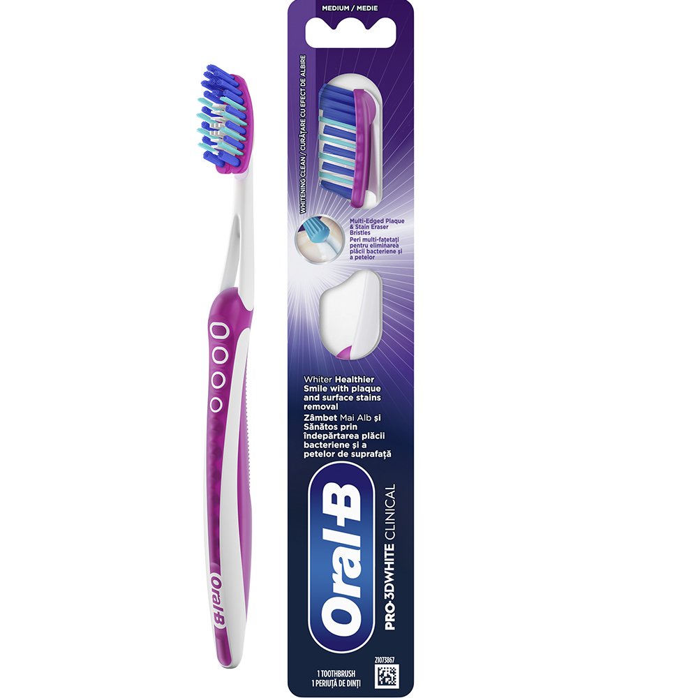 Oral-B Pro 3D White Clinical Medium Toothbrush Χειροκίνητη Οδοντόβουρτσα με Μεσαίας Σκληρότητας Ίνες για Αφαίρεση της Πλάκας & των Επίμονων Λεκέδων 1 Τεμάχιο - Ροζ