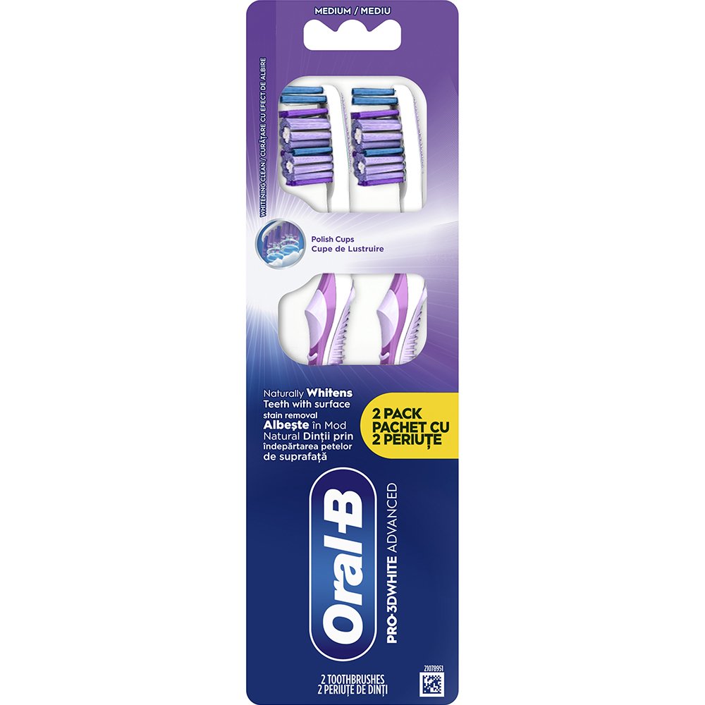 Oral-B Oral-B Promo Pro 3D White Advanced Medium Toothbrush Χειροκίνητη Οδοντόβουρτσα με Μεσαίας Σκληρότητας Ίνες για Φυσική Λεύκανση & Βαθύ Καθαρισμό 2 Τεμάχια Μωβ