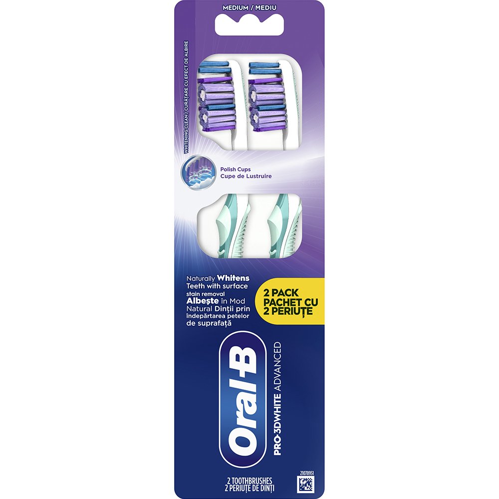 Oral-B Oral-B Promo Pro 3D White Advanced Medium Toothbrush Χειροκίνητη Οδοντόβουρτσα με Μεσαίας Σκληρότητας Ίνες για Φυσική Λεύκανση & Βαθύ Καθαρισμό 2 Τεμάχια - Πετρόλ