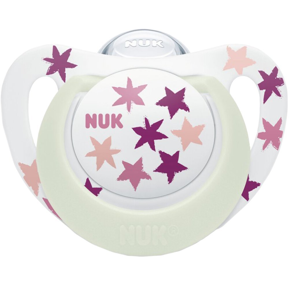 Nuk Star Night Silicone Soother 6-18m Εξαιρετικά Μαλακή Ορθοδοντική Πιπίλα Σιλικόνης που Λάμπει στο Σκοτάδι με Θήκη Μεταφοράς 1 Τεμάχιο - Ροζ