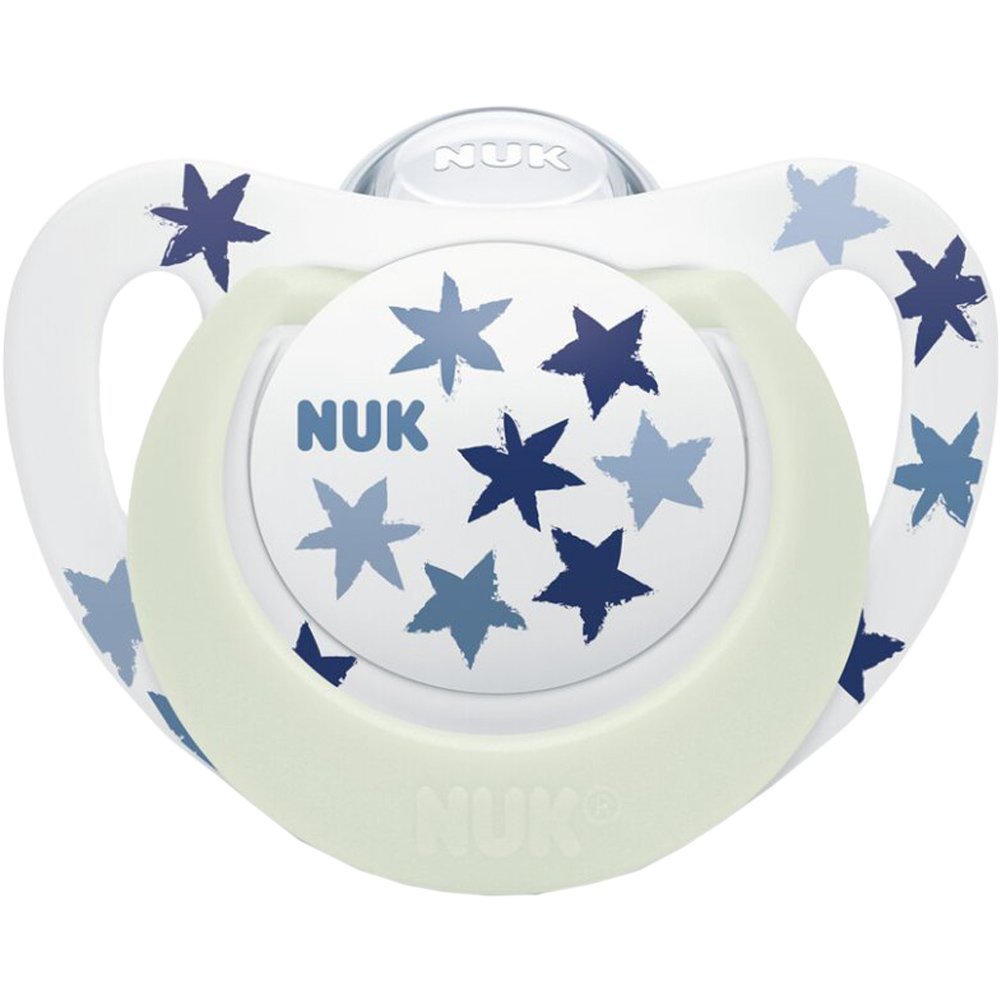 Nuk Star Night Silicone Soother 6-18m Εξαιρετικά Μαλακή Ορθοδοντική Πιπίλα Σιλικόνης που Λάμπει στο Σκοτάδι με Θήκη Μεταφοράς 1 Τεμάχιο - Μπλε