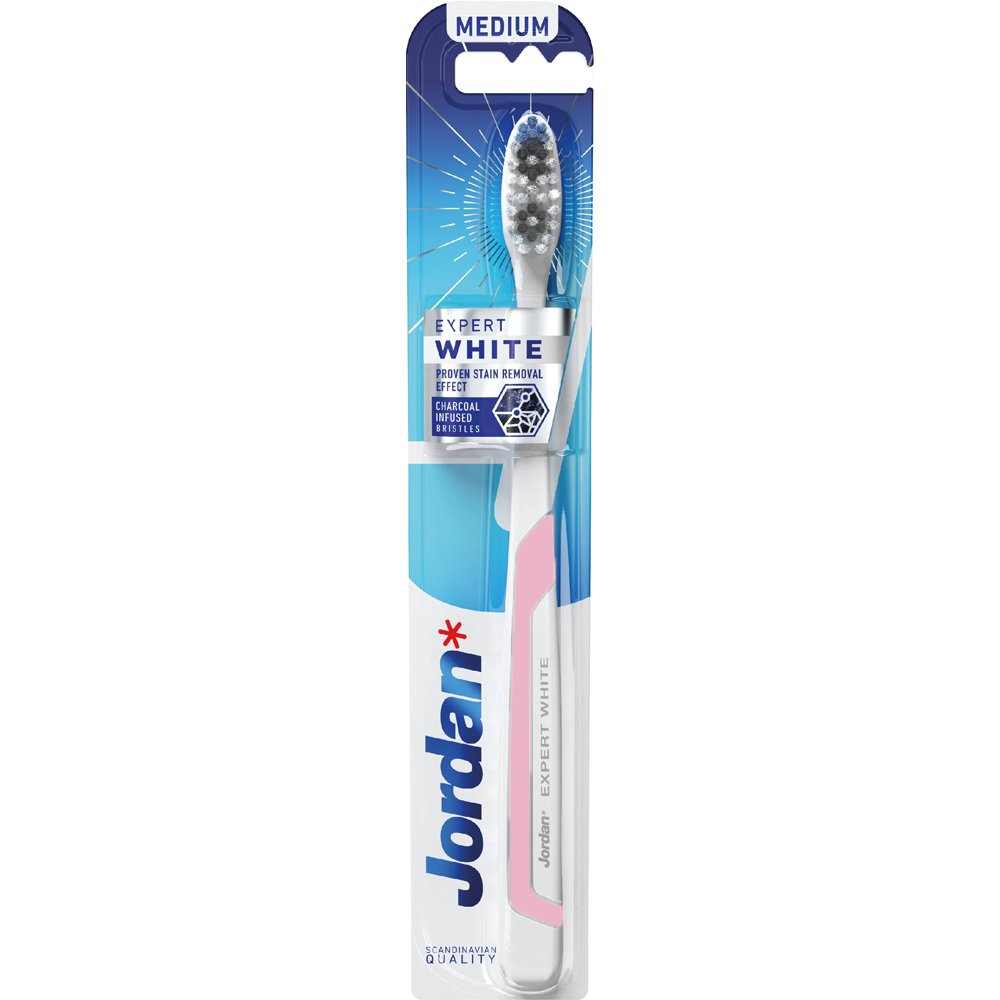 Jordan Expert White Medium Toothbrush Οδοντόβουρτσα Μέτριας Σκληρότητας για Λεύκανση με Ίνες Εμπλουτισμένες με Άνθρακα 1 Τεμάχιο - Ροζ