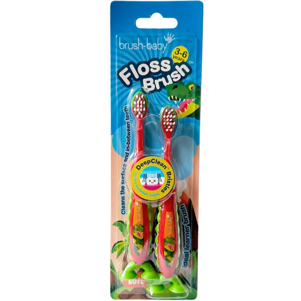 Brush-Baby Floss Brush Kids Toothbrush 3-6 Years Παιδική Οδοντόβουρτσα για Παιδιά από 3-6 Ετών, 2 Τεμάχια - Δεινόσαυρος