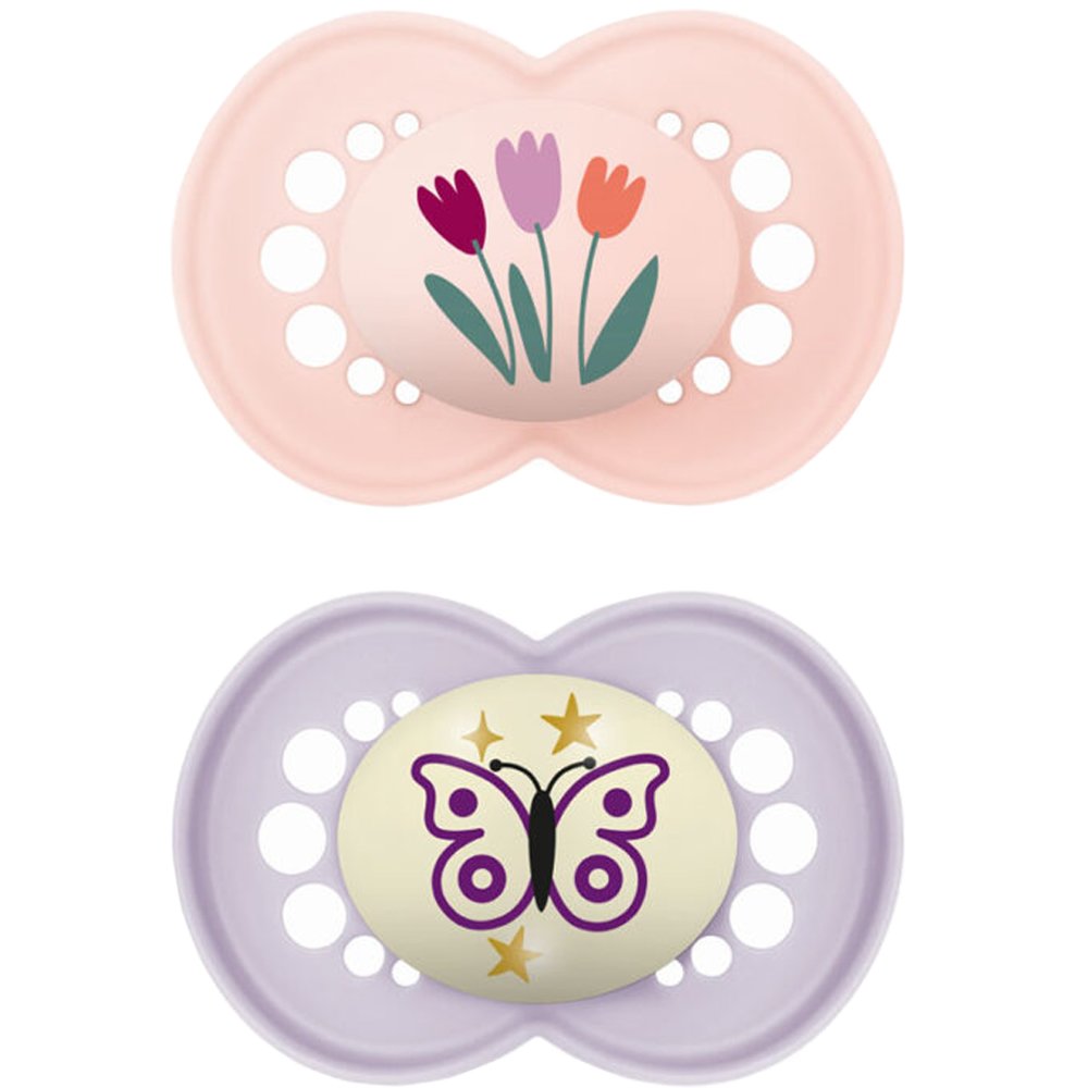 Mam Day & Night Silicone Soother 6-16m Ορθοδοντική Πιπίλα Σιλικόνης που Λάμπει στο Σκοτάδι με Θήκη Μεταφοράς, 2 Τεμάχια Κωδ 174SGc - Ροζ / Λιλά
