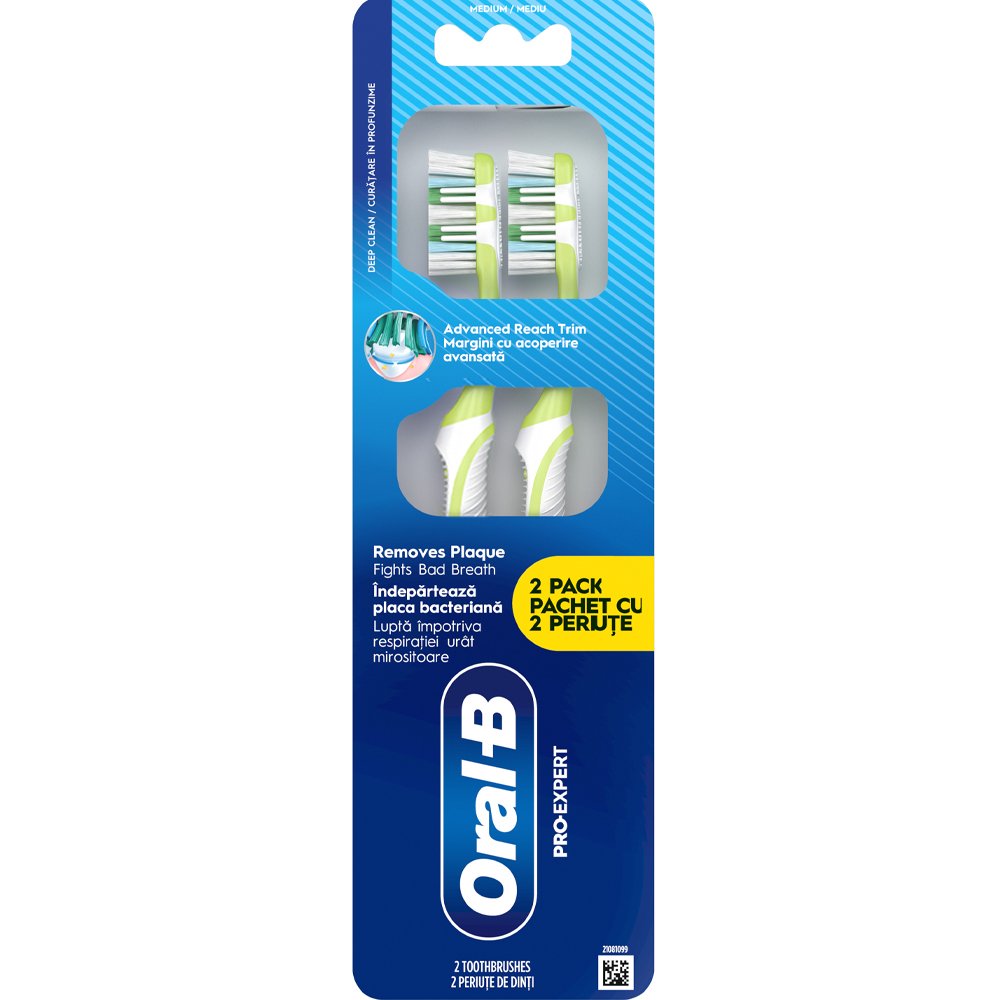 Oral-B Promo Pro Expert Medium Toothbrush Χειροκίνητη Οδοντόβουρτσα Μεσαίας Σκληρότητας με Μεσοδόντια Σειρά για Αφαίρεση της Οδοντικής Πλάκας & Καταπολέμηση της Δυσάρεστης Αναπνοής, 2 Τεμάχια - Πράσινο