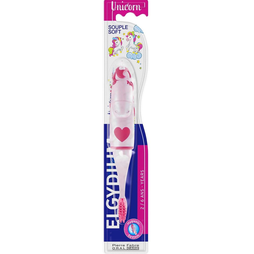 Elgydium Kids Unicorn Soft Toothbrush 2-6 Years Μαλακή Παιδική Οδοντόβουρτσα με Εργονομική Λαβή & Καπάκι Μεταφοράς 1 Τεμάχιο - Ροζ