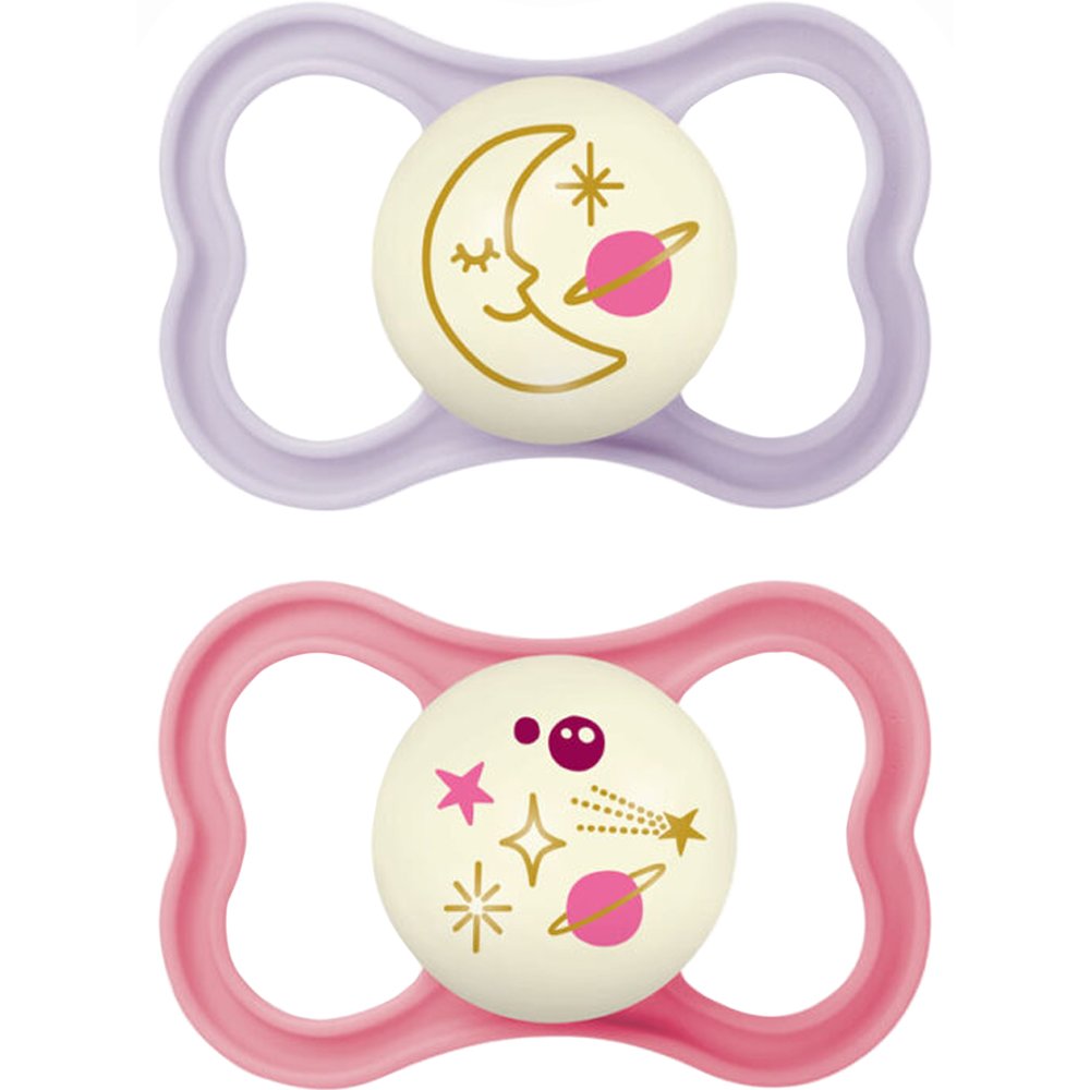 Mam Air Night Silicone Soother 16m+ Ορθοδοντική Πιπίλα Σιλικόνης με Μεγάλες Οπές για Καλύτερο Εξαερισμό του Δέρματος της Περιστοματικής Περιοχής που Λάμπει στο Σκοτάδι 2 Τεμάχια, Κωδ 277SGc - Λιλά / Ροζ
