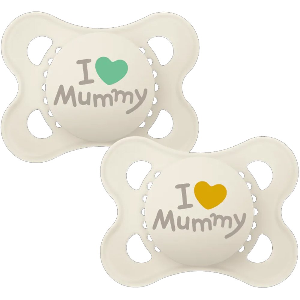 Mam Original Ι Love Mummy Silicone Soother 2-6m, Ορθοδοντική Πιπίλα με Θηλή Σιλικόνης Φιλική προς το Δερματάκι του Μωρού με Πρακτική Θήκη Μεταφοράς 2 Τεμάχια Κωδ 115SU2c - Κρεμ