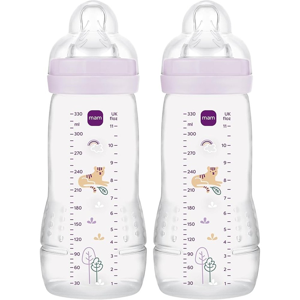 Mam Easy Active Baby Bottle 4m+ Μπιμπερό Πολυπροπυλενίου με Θηλή Σιλικόνης Μεγάλης Ροής, Κωδ 365SGc 330ml 2 Τεμάχια - Λιλα