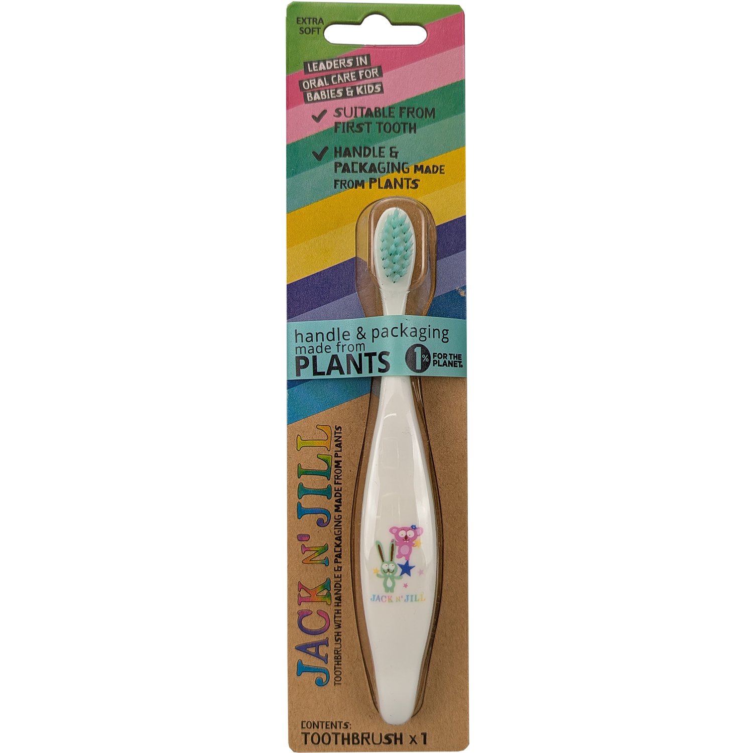 Jack n' Jill Biodegradable Kids Toothbrush Extra Soft Animal Party Βρεφική Οδοντόβουρτσα από Άμυλο Καλαμποκιού Κατάλληλη από την Πρώτη Οδοντοφυΐα 1 Τεμάχιο - Λαγουδάκι