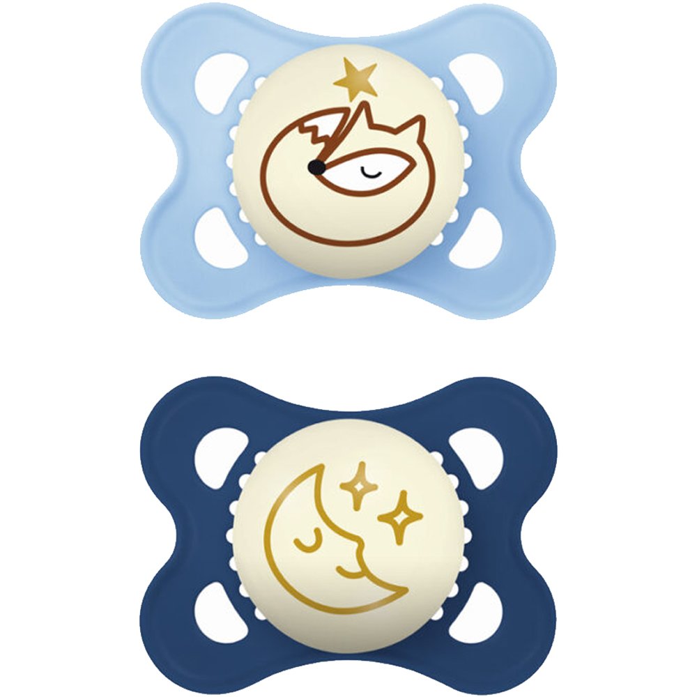 Mam Original Night Silicone Soother 2-6m Ορθοδοντική Πιπίλα Σιλικόνης που Λάμπει στο Σκοτάδι με Θήκη Μεταφοράς 2 Τεμάχια, Κωδ 110SBc - Γαλάζιο / Μπλε