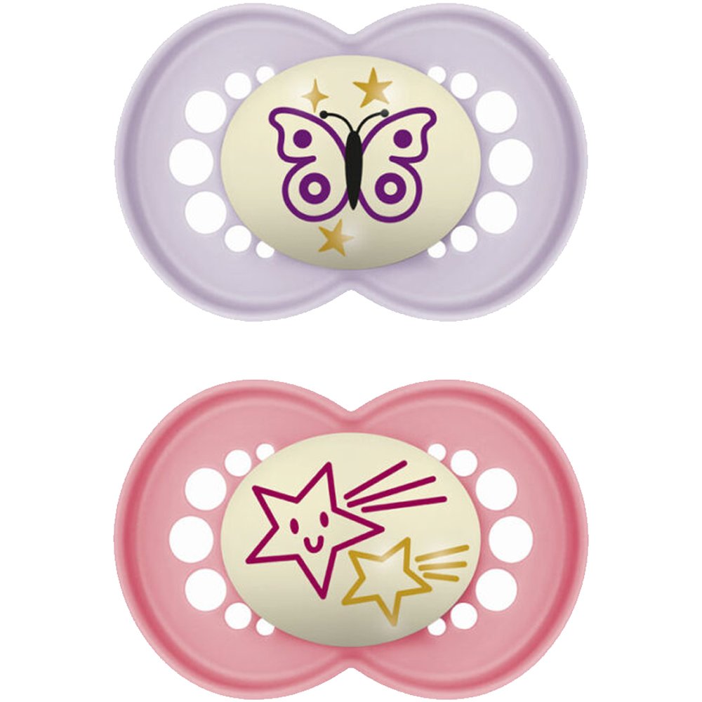 Mam Original Night Orthodontic Silicone Soother 6-16m Ορθοδοντική Πιπίλα Σιλικόνης που Λάμπει στο Σκοτάδι από 6 Έως 16 Μηνών 2 Τεμάχια, Κωδ 160SGc - Λιλά / Φούξια