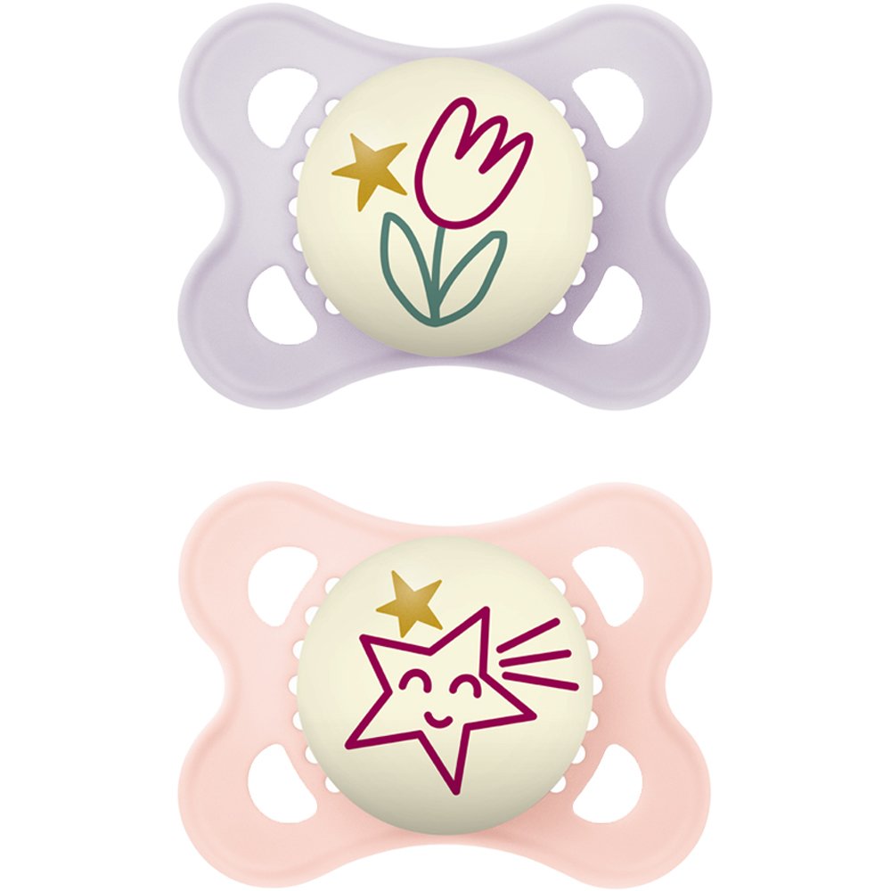 Mam Original Night Silicone Soother 2-6m Ορθοδοντική Πιπίλα Σιλικόνης που Λάμπει στο Σκοτάδι με Θήκη Μεταφοράς 2 Τεμάχια, Κωδ 110SGc - Λιλά / Ροζ