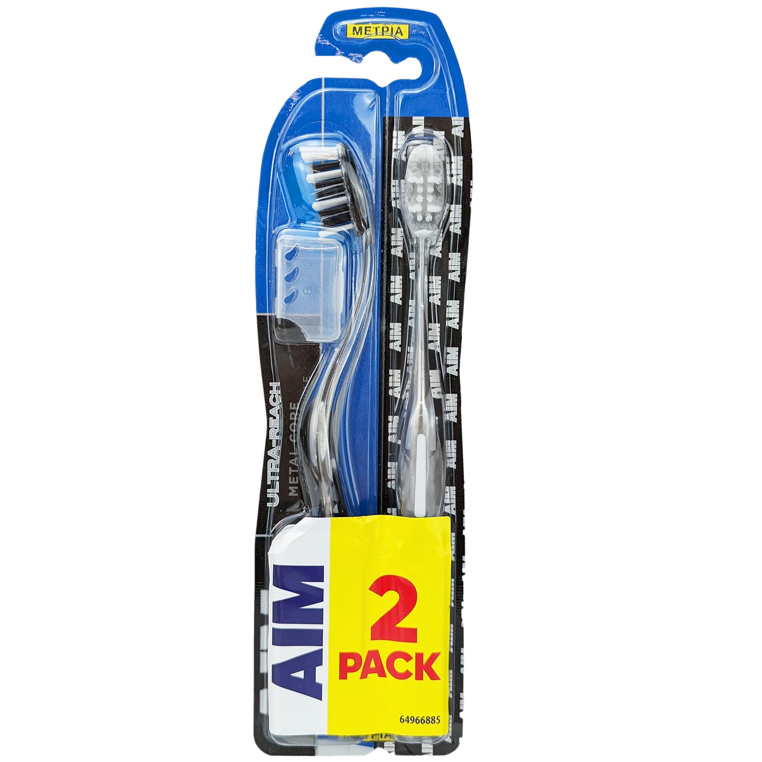 AIM Promo Ultra Reach Metal Core Medium Toothbrush Οδοντόβουρτσα με Συμπαγή Κεφαλή, Μακρύ Λαιμό & Μέτριας Σκληρότητας Ίνες για Βαθύ Καθαρισμό & στα Δύσκολα Σημεία 2 Τεμάχια - Μαύρο / Γκρι