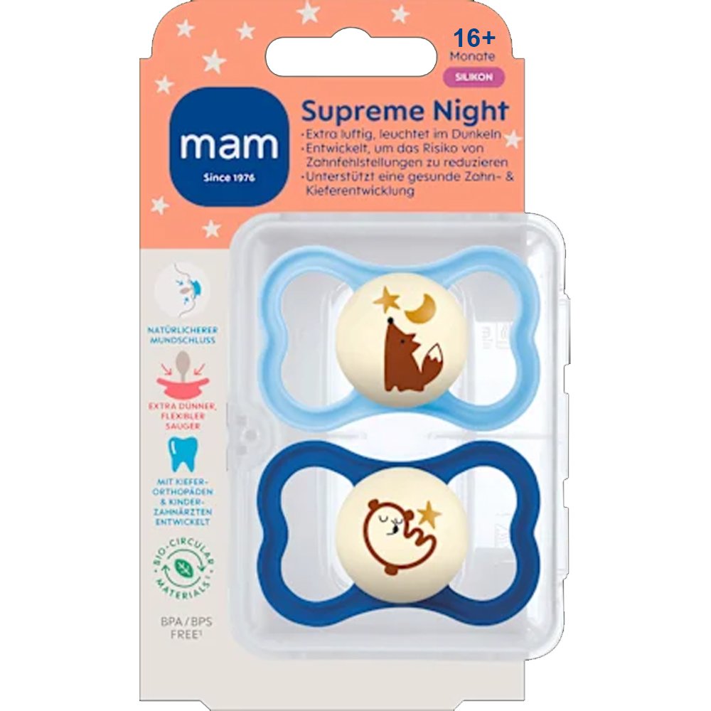 Mam Supreme Night Silicone Soother 16m+, Κωδ 298SBc, 2 Τεμάχια Ορθοδοντική Πιπίλα Σιλικόνης που Λάμπει στο Σκοτάδι - Γαλάζιο / Μπλε