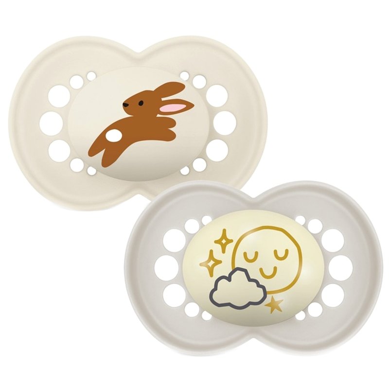 Mam Day & Night Silicone Soother 6-16m Ορθοδοντική Πιπίλα Σιλικόνης που Λάμπει στο Σκοτάδι με Θήκη Μεταφοράς, 2 Τεμάχια - Κρεμ / Γκρι
