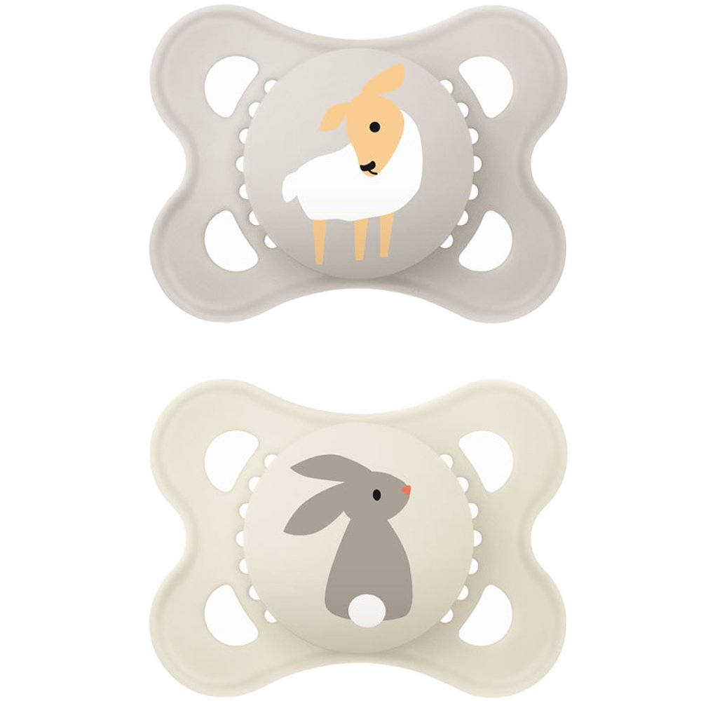 Mam Original Silicone Soother 2-6m Ορθοδοντική Πιπίλα με Θηλή Σιλικόνης με Σχέδιο Φιλική προς το Δερματάκι του Μωρού με Πρακτική Θήκη Μεταφοράς, 2 Τεμάχια Κωδ 100SUc - Γκρι / Μπεζ