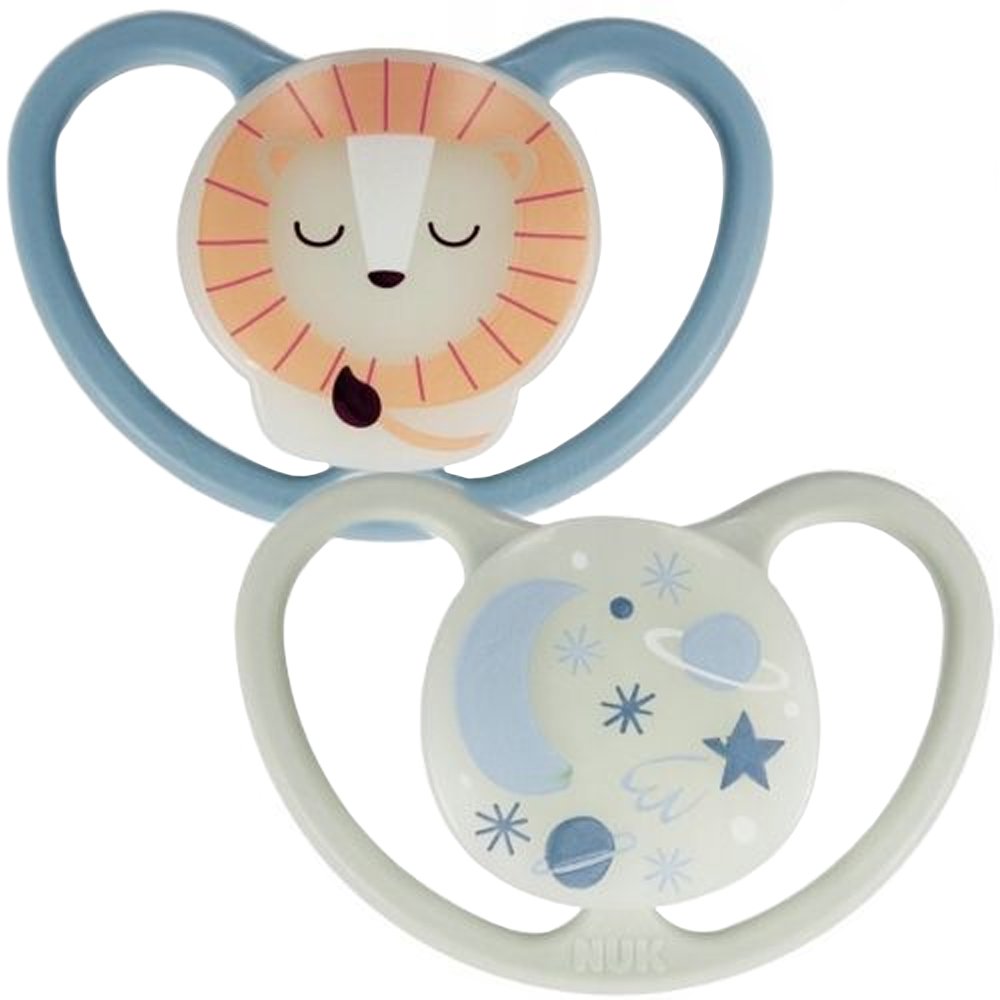 Nuk Space Night Silicone Soother 6-18m Ορθοδοντική Πιπίλα Σιλικόνης που Λάμπει στο Σκοτάδι, με Σχεδιασμό που Επιτρέπει στην Επιδερμίδα να Αναπνέει 2 Τεμάχια - Μπλε / Μέντα