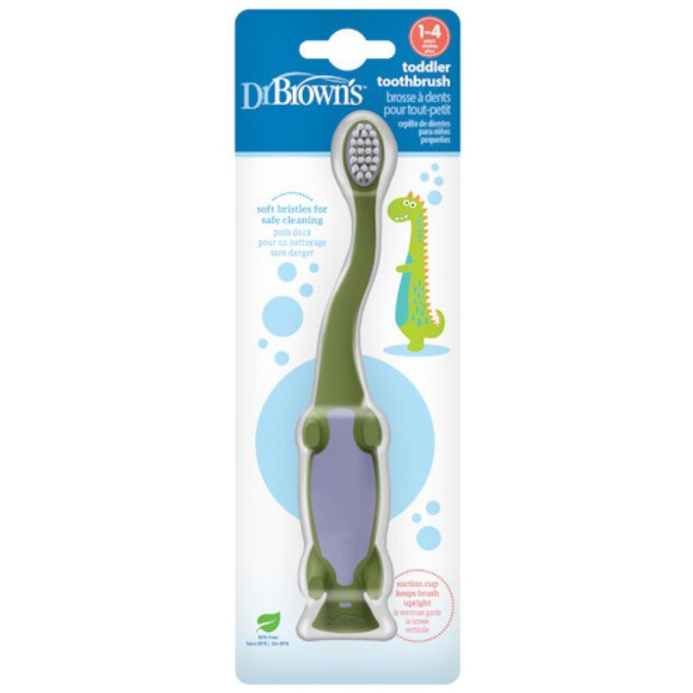 Dr Brown's Toddler 1-4 Years Toothbrush Βρεφική Οδοντόβουρτσα με Μαλακές Τρίχες για Ευαίσθητα Ούλα & Βάση με Βεντούζα για Αποθήκευση 1 Τεμάχιο - Πράσινος Δεινόσαυρος