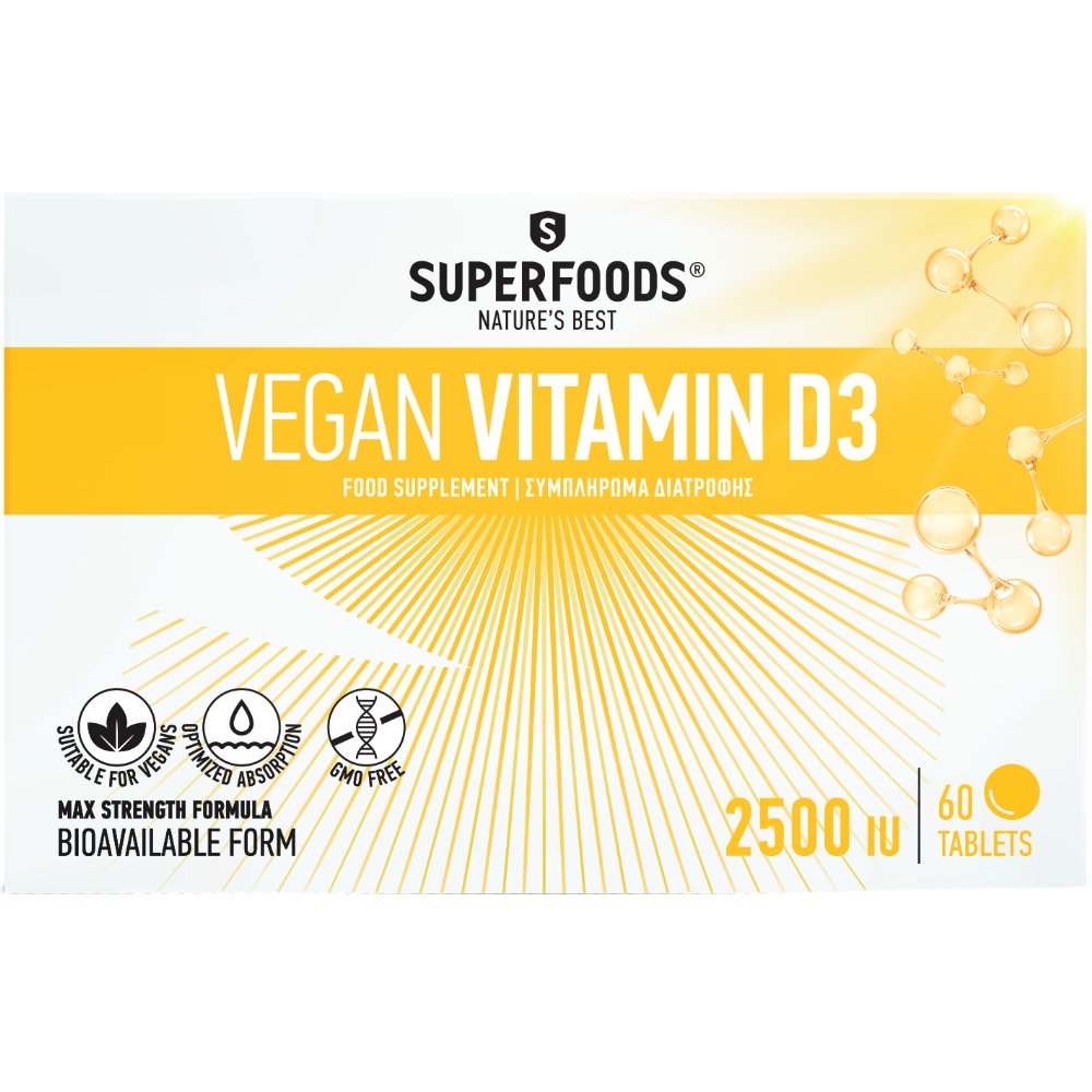 Superfoods Vegan Vitamin D3 2500 IU Συμπλήρωμα Διατροφής Βιταμίνης D3 Κατάλληλη για Αυστηρά Χορτοφάγους & τη Διατήρηση της Φυσιολογικής Λειτουργίας του Ανοσοποιητικού Συστήματος, των Οστών & των Μυών 60tabs