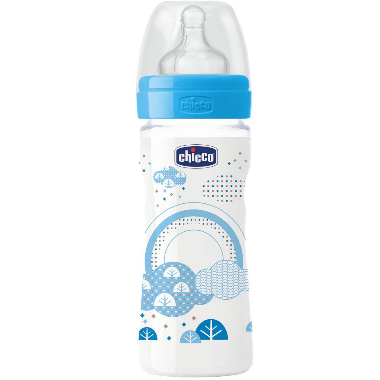Chicco Μπιμπερό Well Being Πολυπροπυλενίου με Θηλή Σιλικόνης 2m+ Μέτρια Ροή Μπλε 250ml
