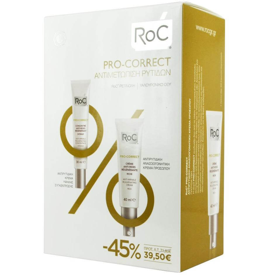 Roc Pro-Correct Αντιρυτιδική Κρέμα Προσώπου Πλούσιας Υφής 40ml & Αντιρυτιδική Κρέμα Εντατικής Φροντίδας 30ml Promo -45%