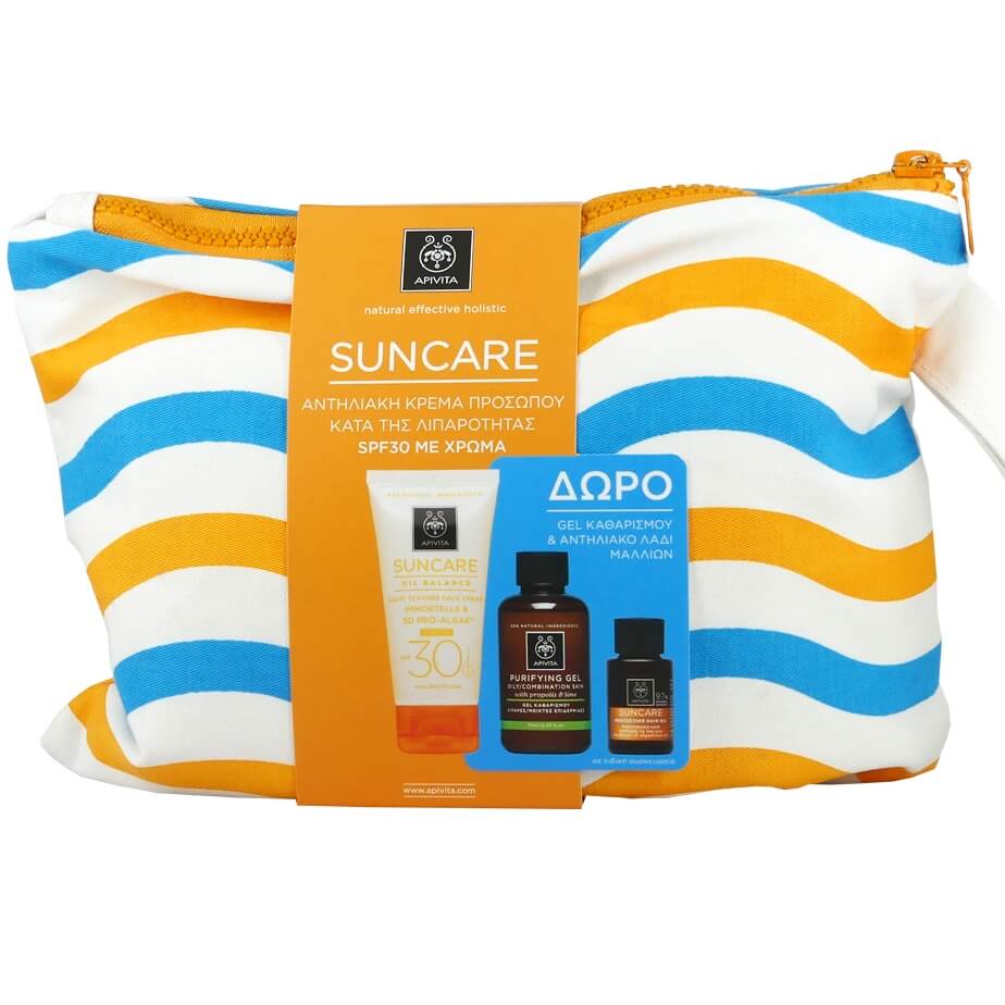 Apivita Πακέτο Suncare Oil Balance Tinted Light Texture Face Cream Spf30,50ml & Gel Καθαρισμού 75ml & Hair Oil 20ml & Νεσεσέρ