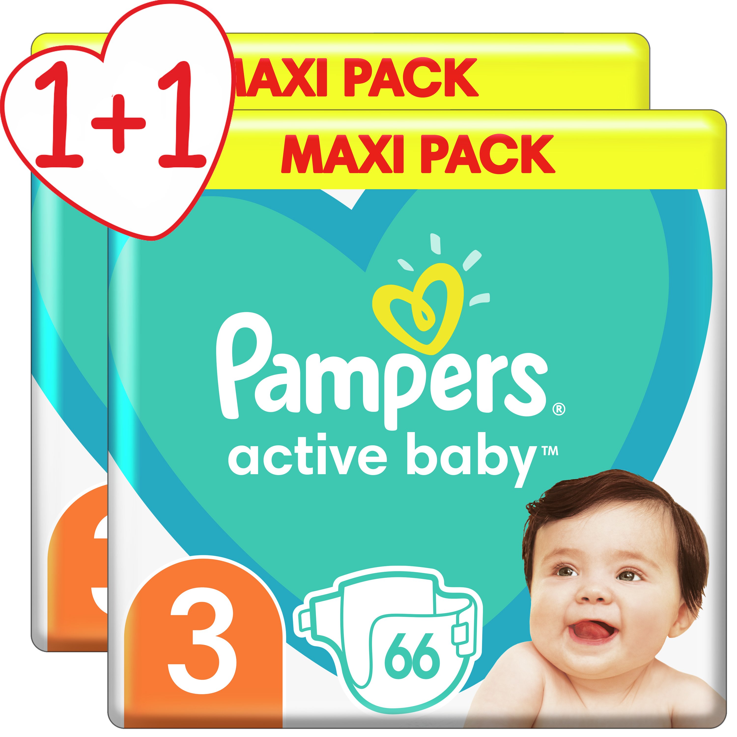 Pampers Πακέτο Προσφοράς Active Baby Maxi Pack No3 (6-10 kg), 2×66 Πάνες 1+1 Δώρο