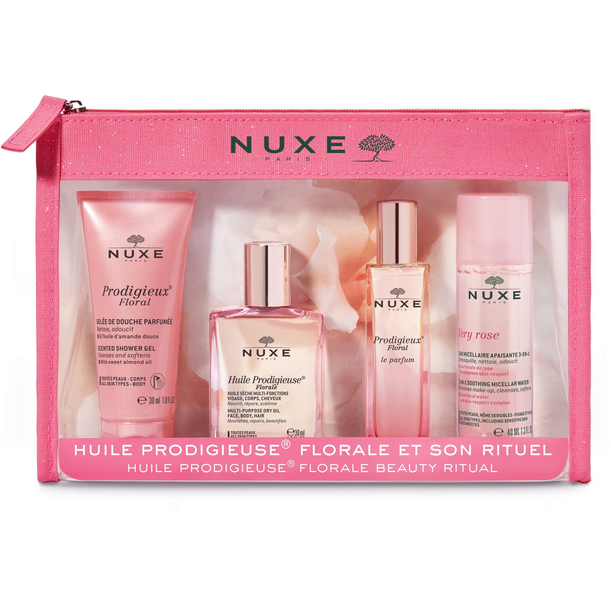 Nuxe Gift Pack Huile Prodigieuse Florale 30ml,Shower Gel 30ml,Prodigieux Floral le Parfum 15ml & Very Rose Micellar Water 40ml