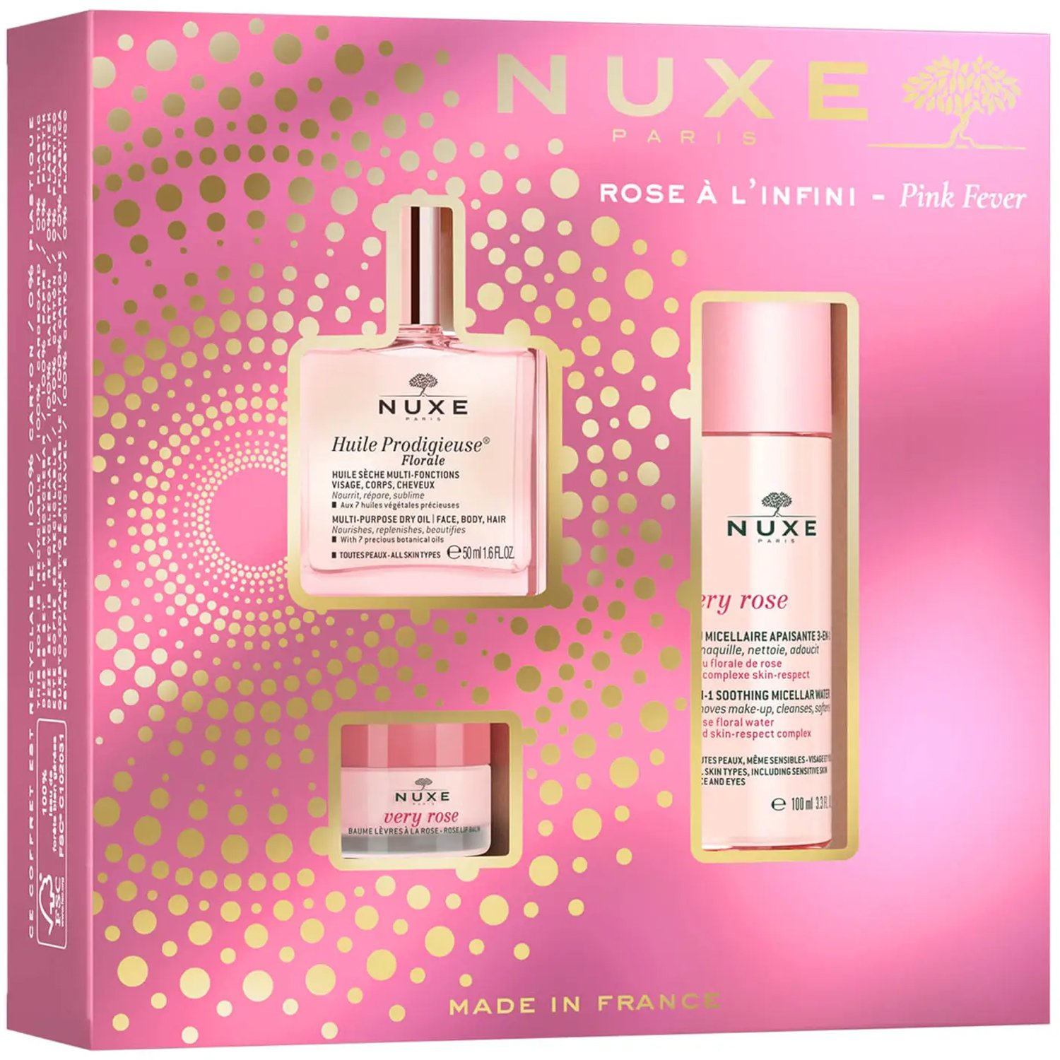 Nuxe Pink Fever Gift Set Huile Prodigieuse Florale Multi-Purpose Dry Oil 50ml & Very Rose 3-in-1 Soothing Micellar Water 100ml & Very Rose Lip Balm 15g